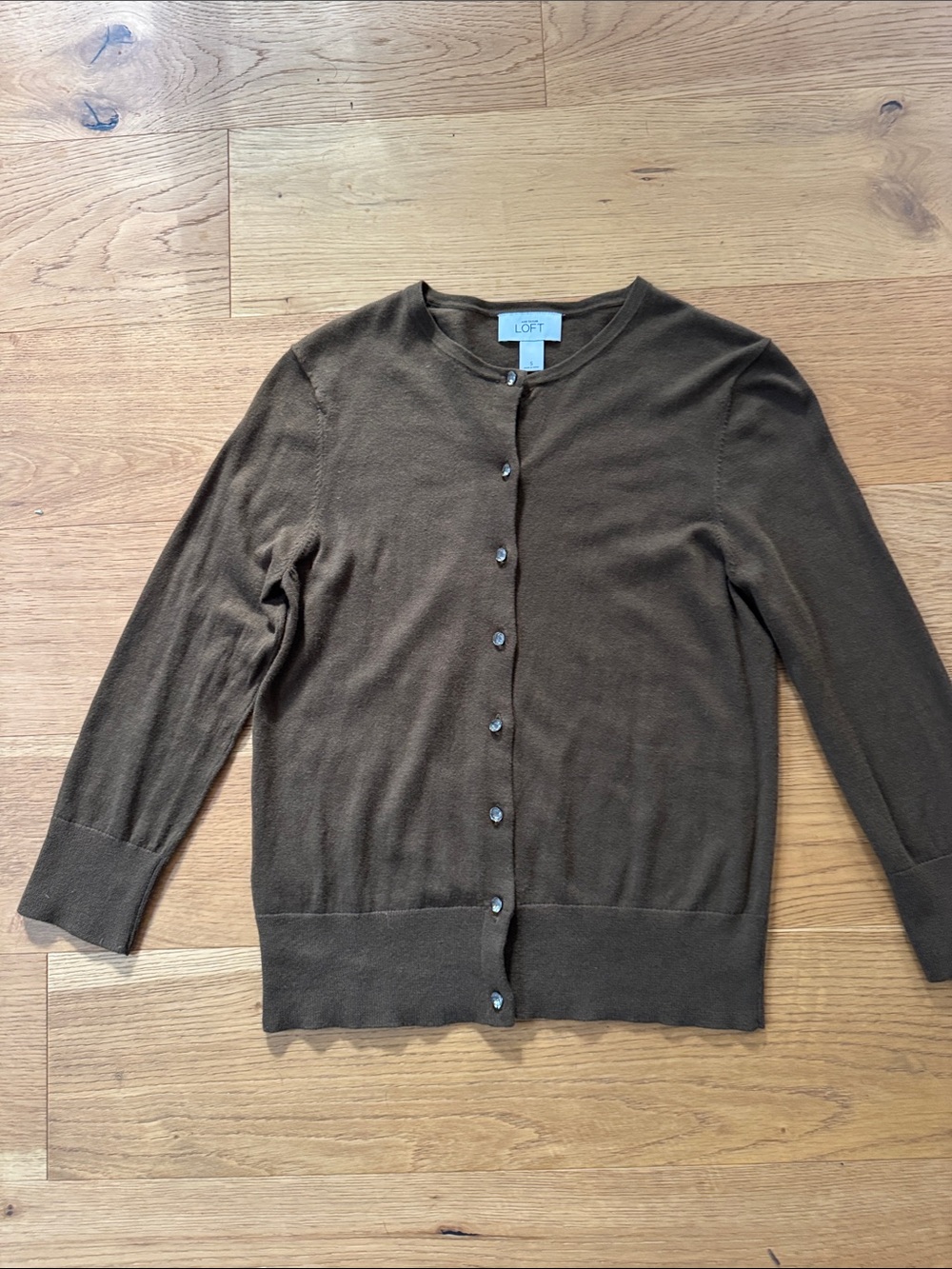 LOFT Olive Brown Button-Front Crewneck Cardigan